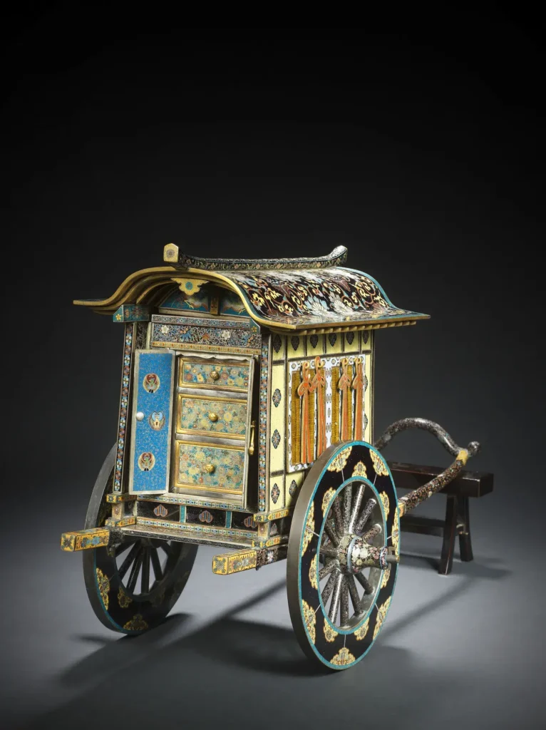 A rare, unusual and elaborately decorated cloisonné enamel goshoguruma (ox-drawn carriage), Kawaguchi Bunzaemon of Nagoya (Bonhams lot 240, view 1)