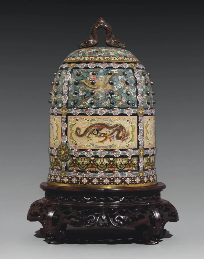 A Fine and Rare Cloisonné Vessel and Cover in the form of a Temple Bell, Namikawa Yasuyuki (Christie's lot 244, view 1)