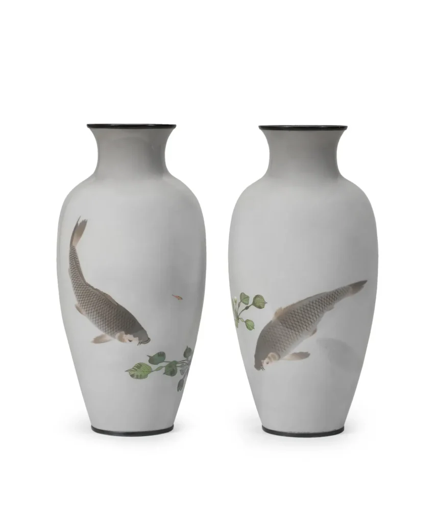 A fine pair of slender cloisonné-enamel baluster vases, Namikawa Sōsuke (Bonhams lot 209, view 1)
