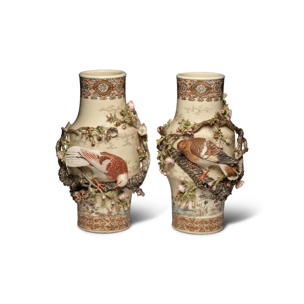 A Magnificent Pair of Stoneware Vases, Makuzu (Miyagawa) Kōzan (Bonhams lot 802, view 1)